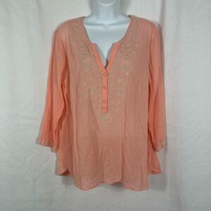 Sonoma Coral Crinkle Cotton Embroidered long sleeve top in Size XL